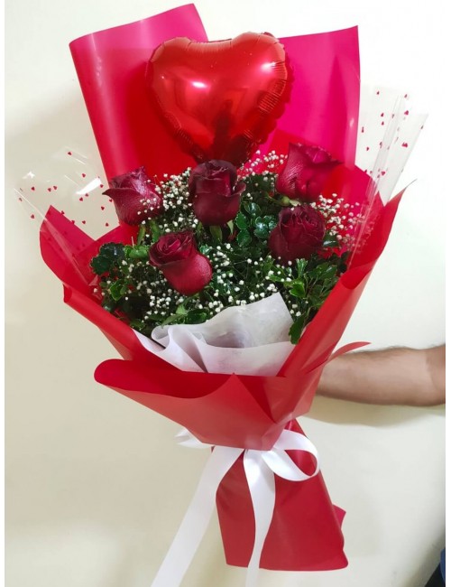 5 Red Rose & Heart Bouquet
