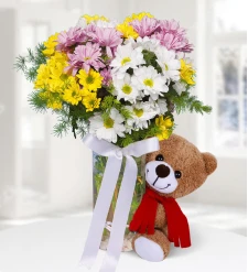 Colorful Daisies with Teddy Beer