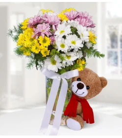 Colorful Daisies with Teddy Beer