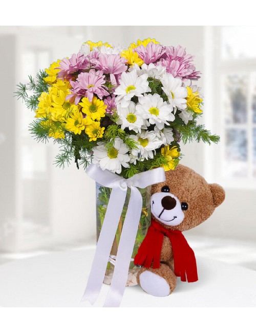 Colorful Daisies with Teddy Beer