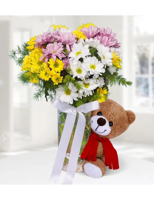Colorful Daisies with Teddy Beer