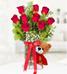 9 Red Rose with Teddy Beer