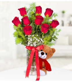 9 Red Rose with Teddy Beer