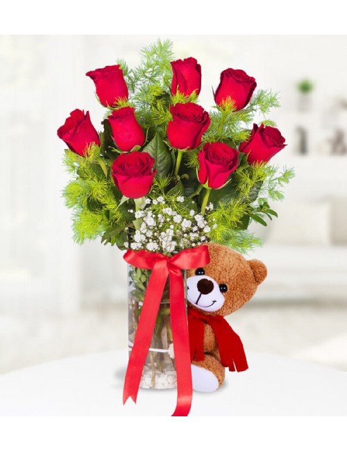 9 Red Rose with Teddy Beer